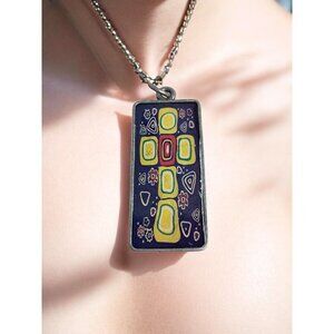 Enamel Rectangular Pendant with Cross Pattern and Geometric Shapes